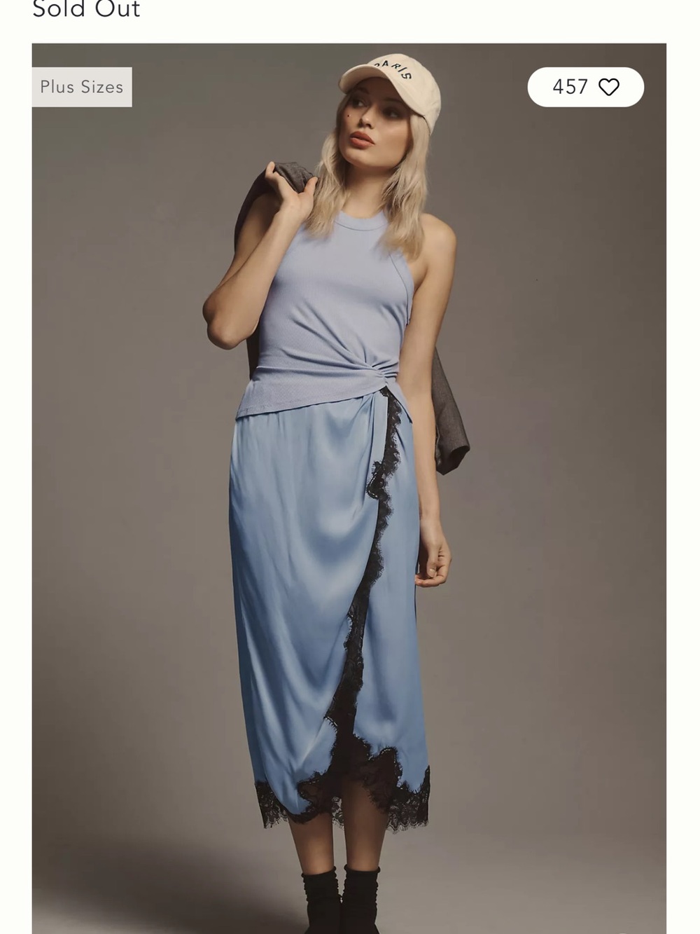 Anthropologie Keeley Light Blue Satin Midi Dress with Black Lace Trim